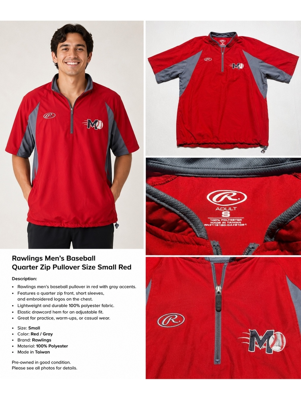 Rawlings Men’s Baseball Quarter Zip Pullover Size Small Red Gray Short Sleeve